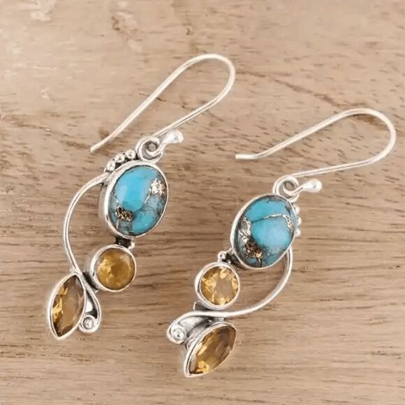 Turquoise Citrine Silver Plated Geometric Dangle Earrings - Picture 2 of 6